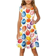 LLYWEY Easter Dresses for Toddler Girls - Cute Pattern Ruffle Sleeve Beach Sundress - Kids Casual Summer Knee Length Sleeveless Tank Dresses Easter Clothes, Style BY-114, Multicolor, 4T